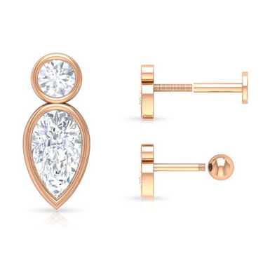 0.4 Carat Round & Pear Shape Bezel Lab Diamond Stud Earrings in Rose Gold