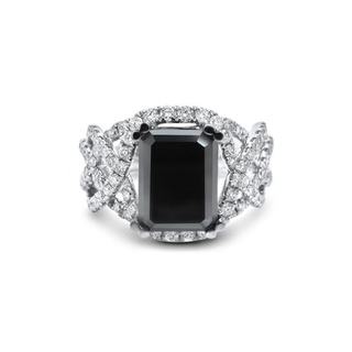 5.50 Carat Emerald Shape Prong Setting Twisted Black and White Diamond Ring