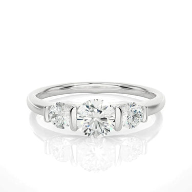 0.90 Ct Round Cut Bar Setting Moissanite 3 Stone Engagement Ring in White Gold