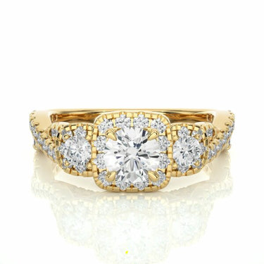 1.35 Ct Round Cut Criss Cross 3 Stone Halo Diamond Engagement Ring In Yellow Gold