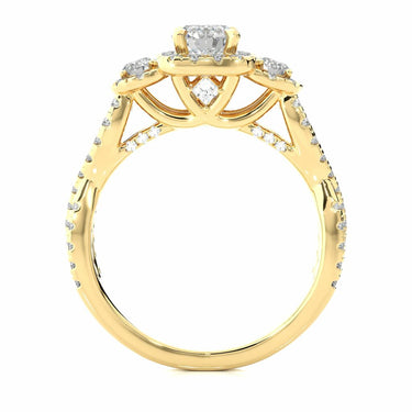 1.35ct Criss Cross 3 Stone Halo Engagement Ring Yellow Gold