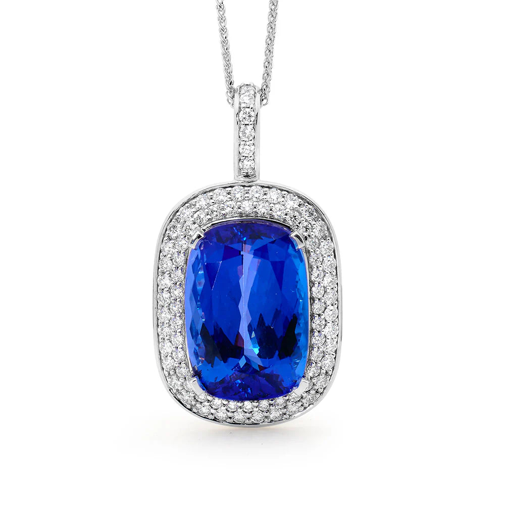 3.20 Carat Oval Tanzanite Gemstone Prong Setting Double Halo Pendant