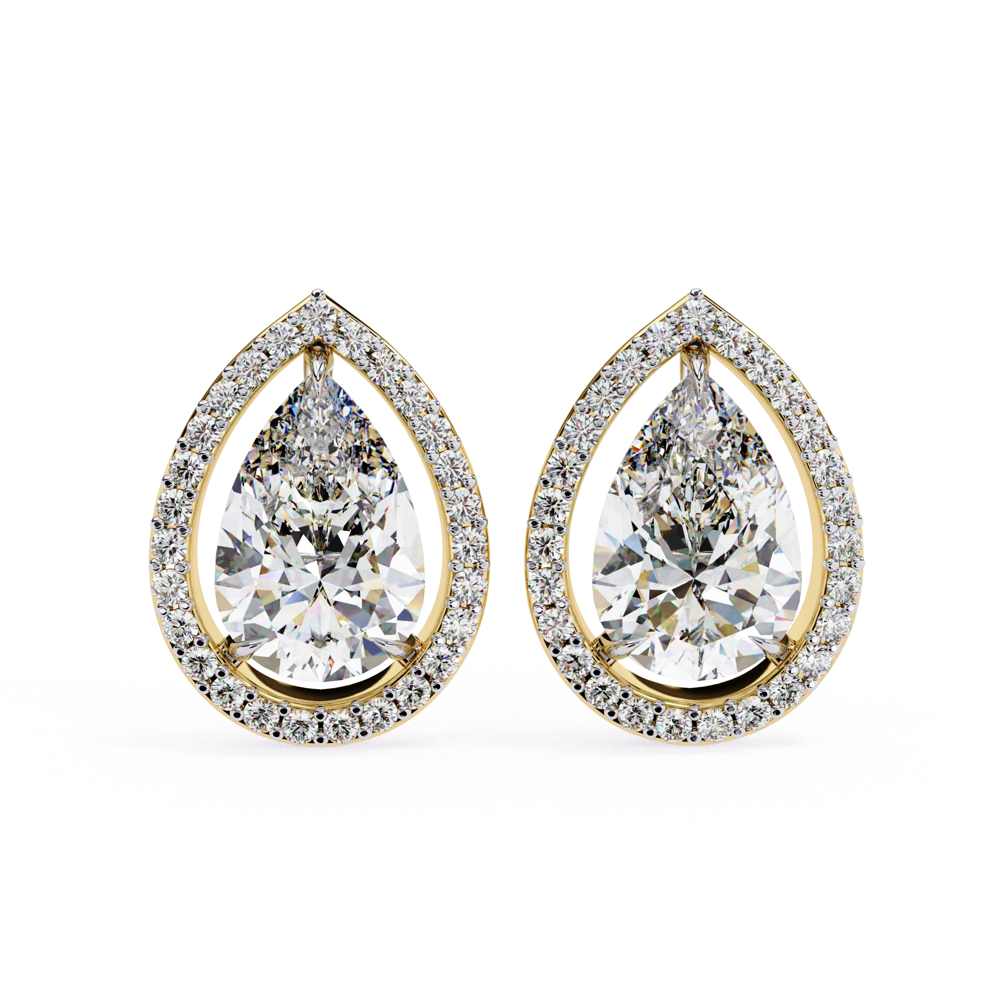 3.42 Carat Pear Diamond Halo Stud Earrings in Gold and Platinum Lab Diamond