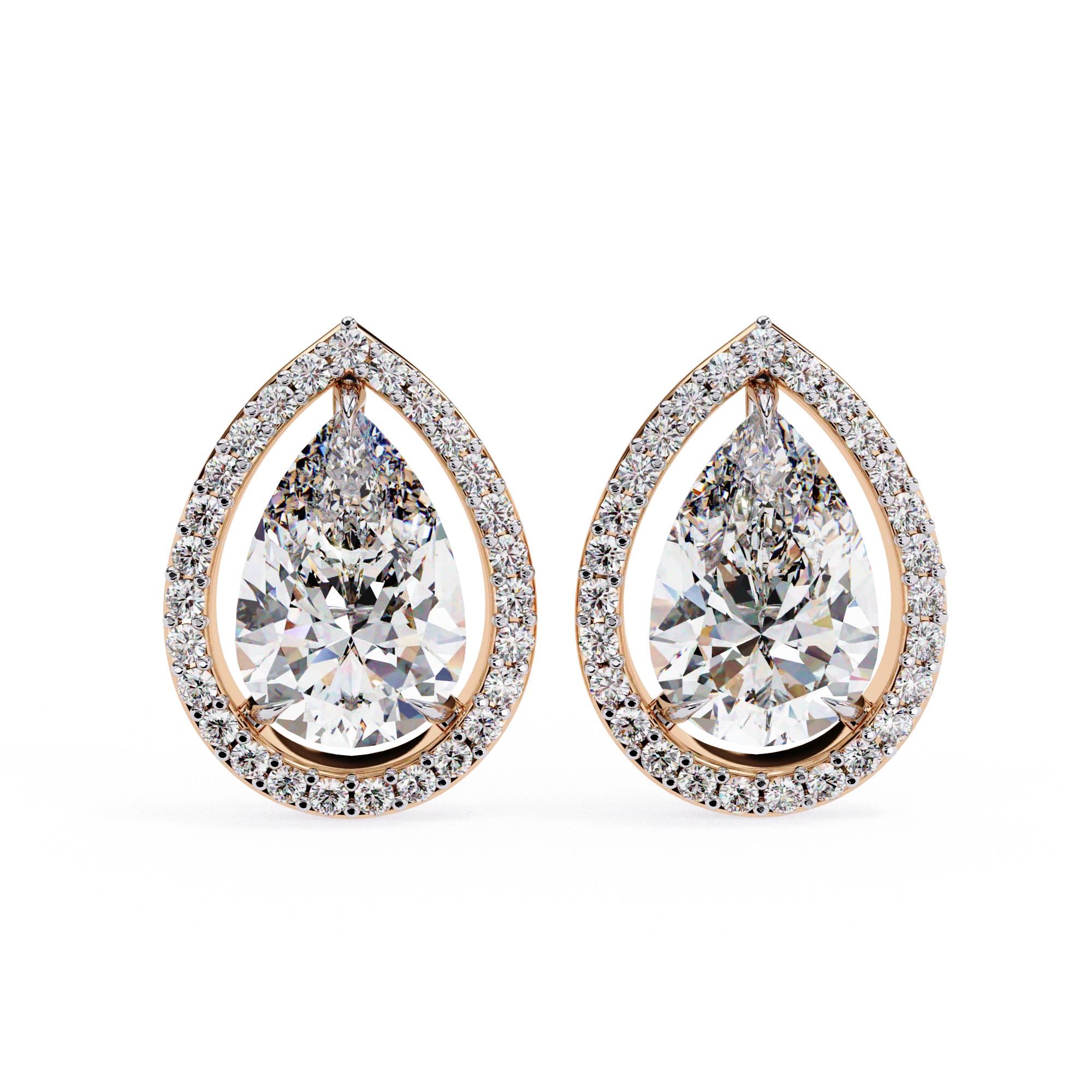 3.42 Carat Pear Diamond Halo Stud Earrings in Gold and Platinum Lab Diamond