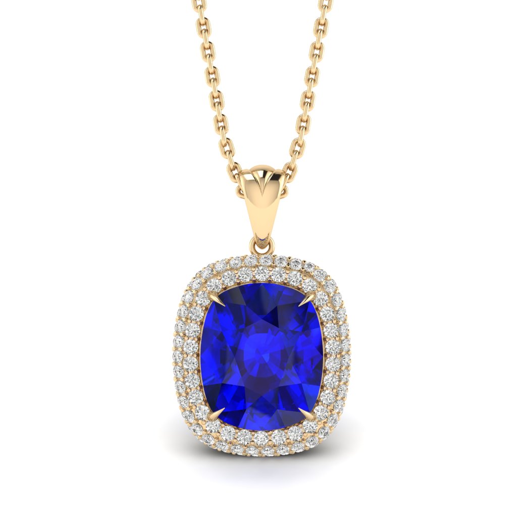 3.50 Carat Cushion Sapphire Gemstone 4 Prong Setting Double Halo Pendant