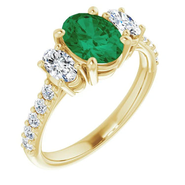 3.50 Ct Oval Emerald Gemstone & Diamond Three Stone Ring In Yellow Gold