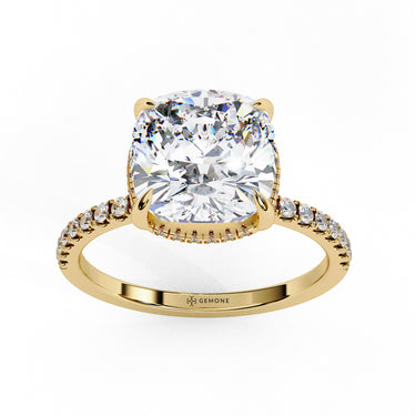 3.55 Carat Cushion Cut Hidden Halo Lab Diamond Engagement Ring In Yellow Gold