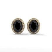 3.04 Carat Oval Black Diamond Halo Stud Earrings Screw Back 18K Yellow Gold