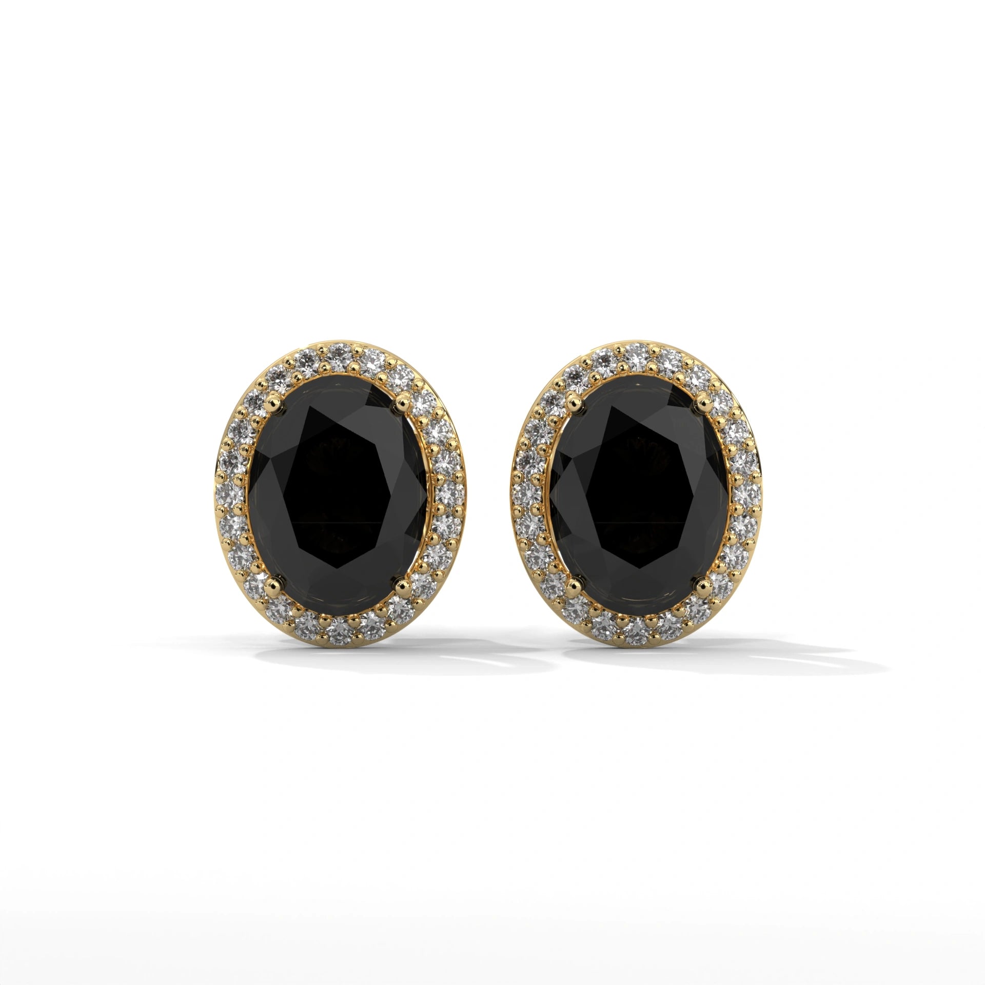 3.04 Carat Oval Black Diamond Halo Stud Earrings Screw Back 18K Yellow Gold