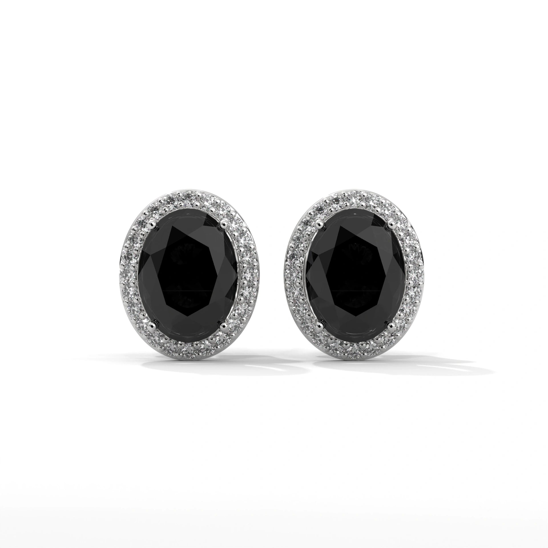 3.04 Carat Oval Black Diamond Halo Stud Earrings Screw Back