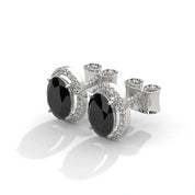 3.04 Carat Oval Black Diamond Halo Stud Earrings Screw Back