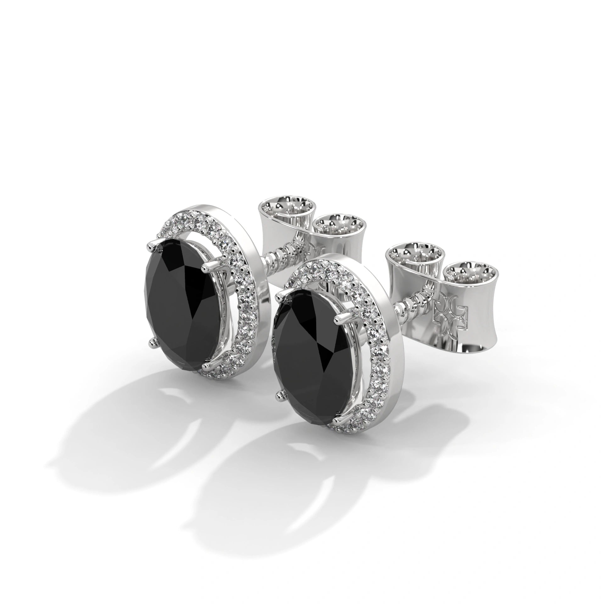 3.04 Carat Oval Black Diamond Halo Stud Earrings Screw Back