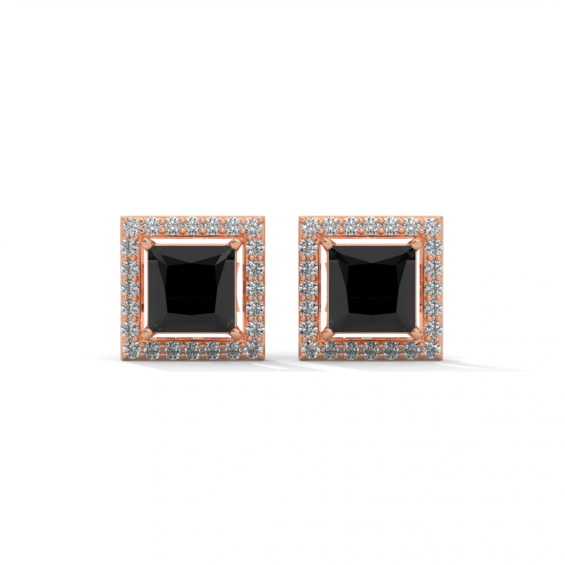 3.09 Carat Square Stud Black Diamond Screw Back Earrings 18K Rose Gold