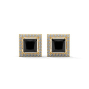 3.09 Carat Square Stud Black Diamond Screw Back Earrings 18K Yellow Gold
