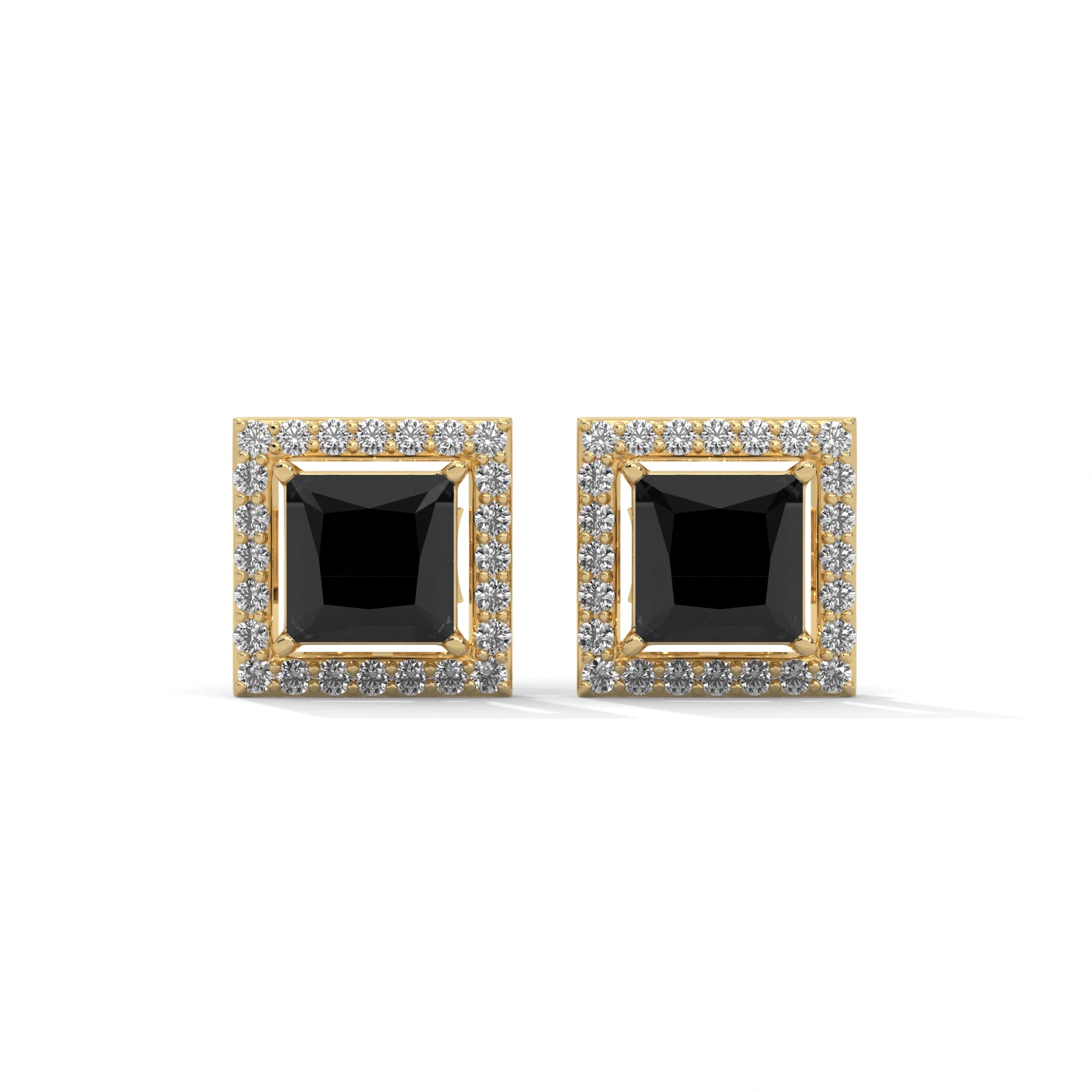 3.09 Carat Square Stud Black Diamond Screw Back Earrings 18K Yellow Gold