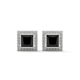 3.09 Carat Princess Cut Black Diamond Halo Stud Earrings Screw Back