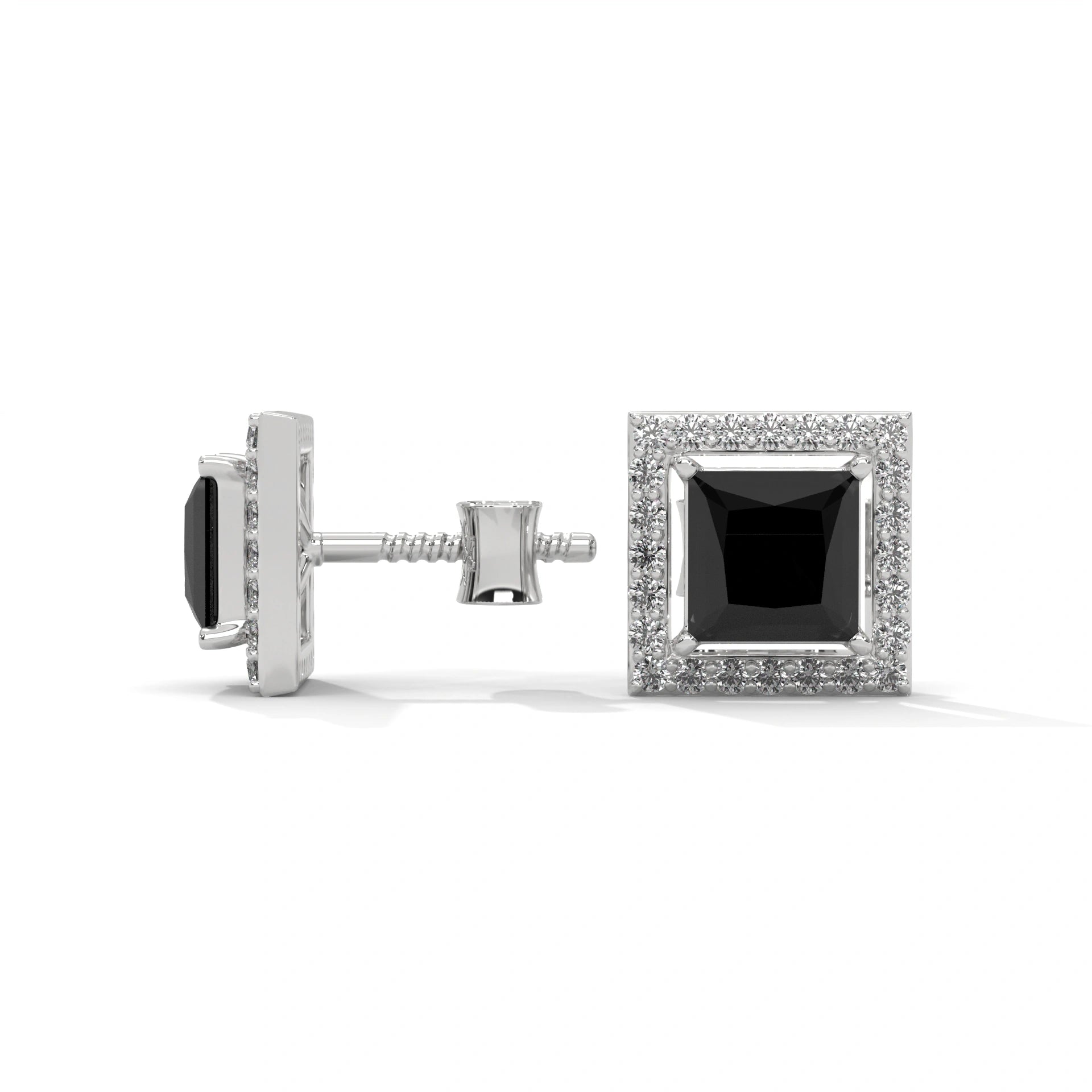 3.09 Carat Square Stud Black Diamond Screw Back Earrings