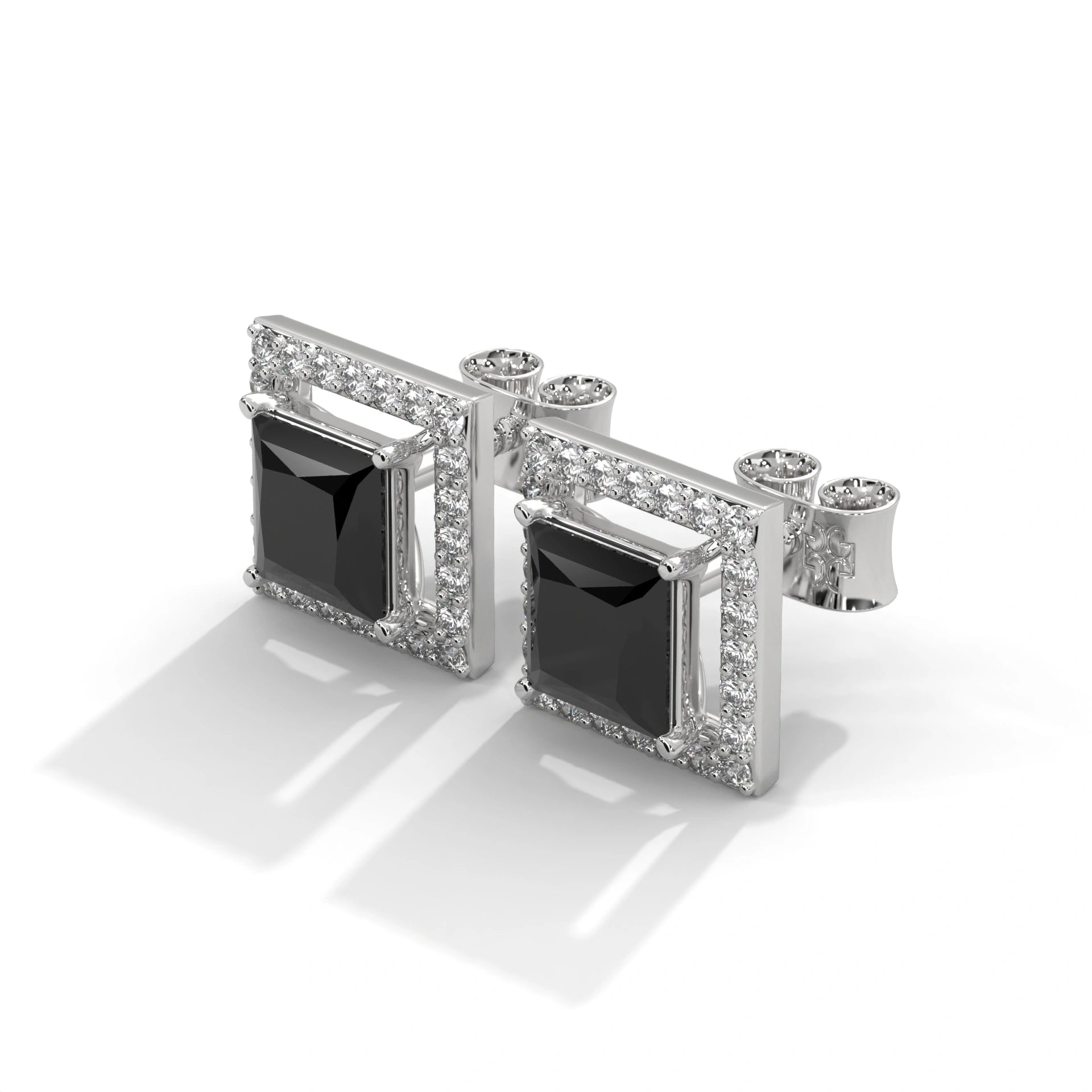 3.09 Carat Square Stud Black Diamond Screw Back Earrings