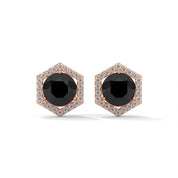 2.84 Ct Black Diamond Hexagon Halo Stud Earrings With Screw Back 18K Rose Gold