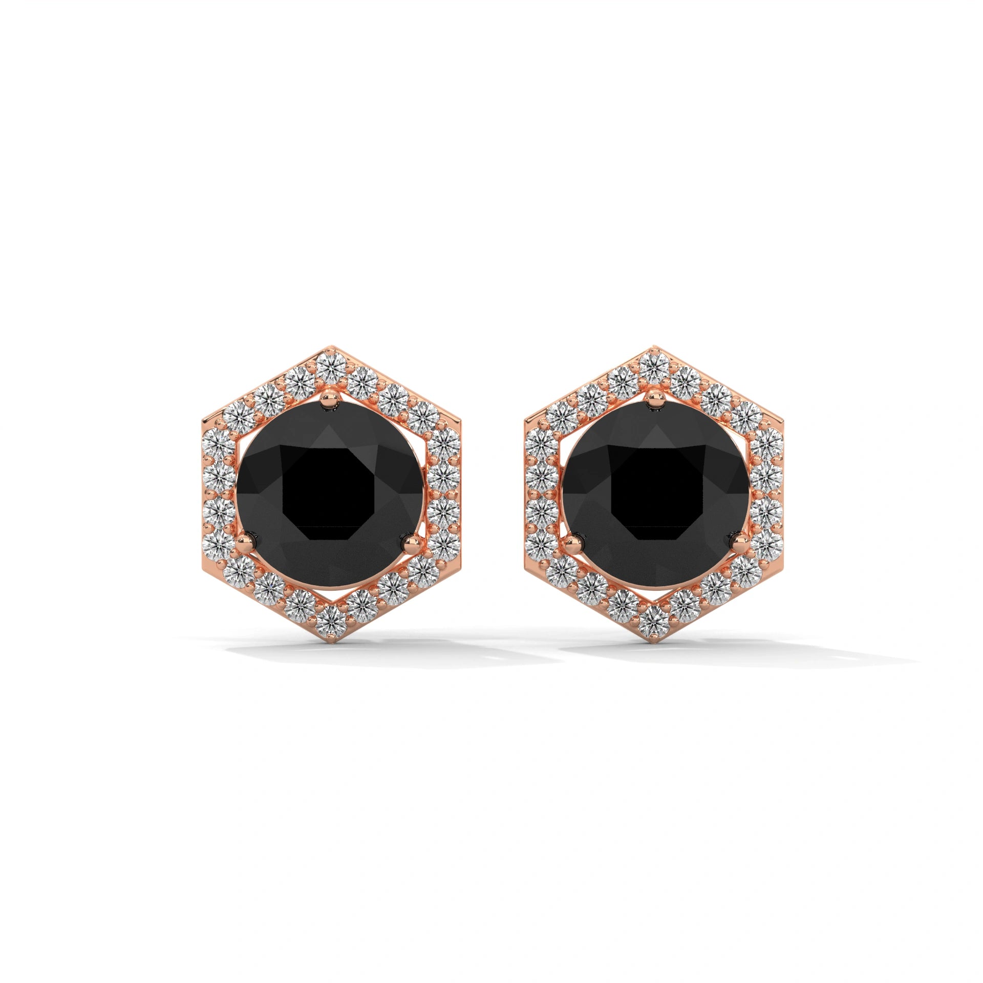 2.84 Ct Black Diamond Hexagon Halo Stud Earrings With Screw Back 18K Rose Gold