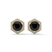 2.84 Ct Black Diamond Hexagon Halo Stud Earrings With Screw Back 18K Yellow Gold