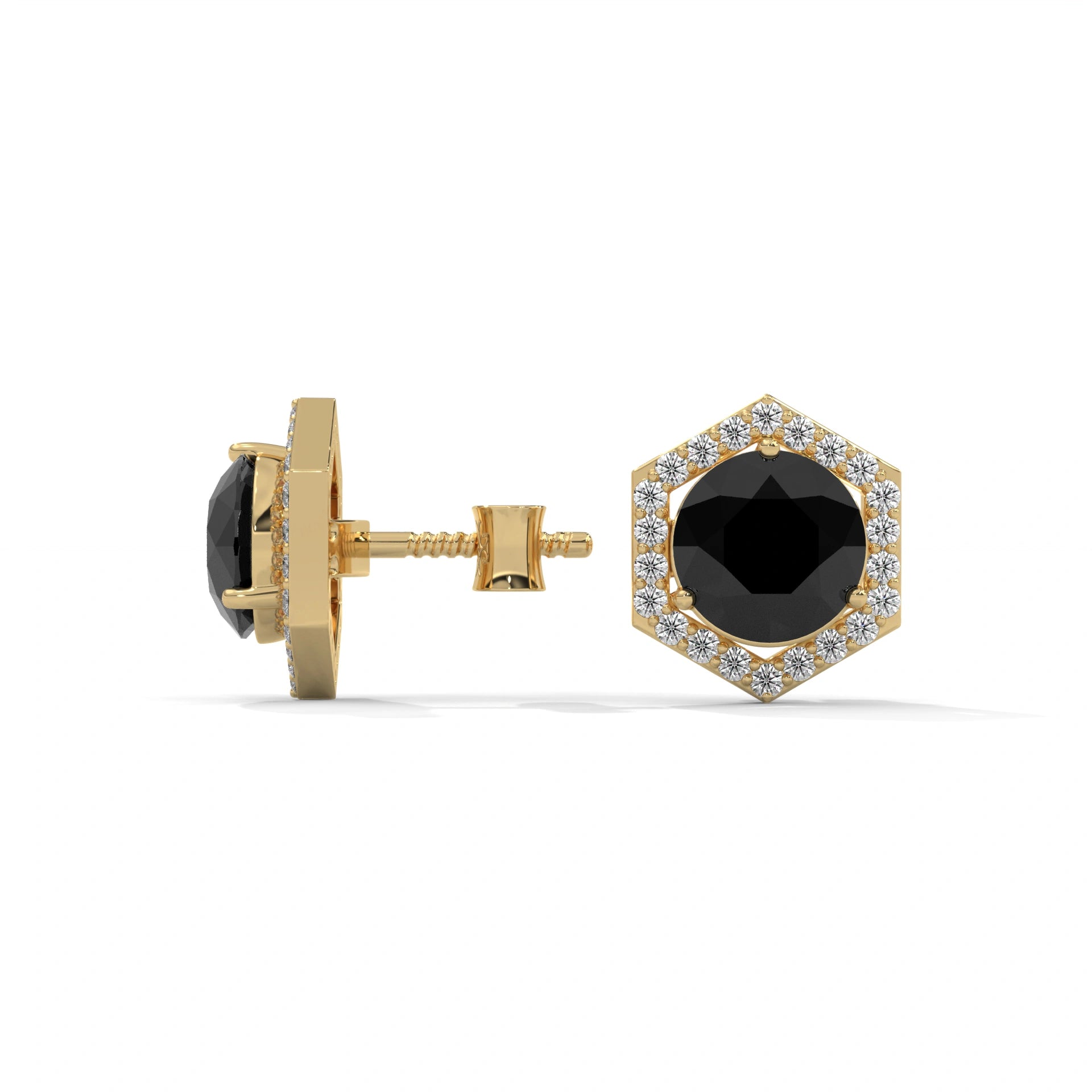 2.84 Ct Black Diamond Hexagon Halo Stud Earrings With Screw Back