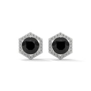 2.84 Ct Black Diamond Hexagon Halo Stud Earrings With Screw Back