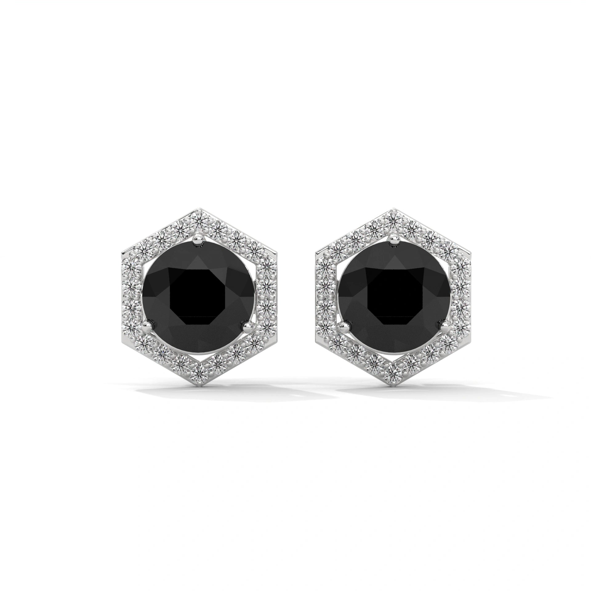 2.84 Ct Black Diamond Hexagon Halo Stud Earrings With Screw Back