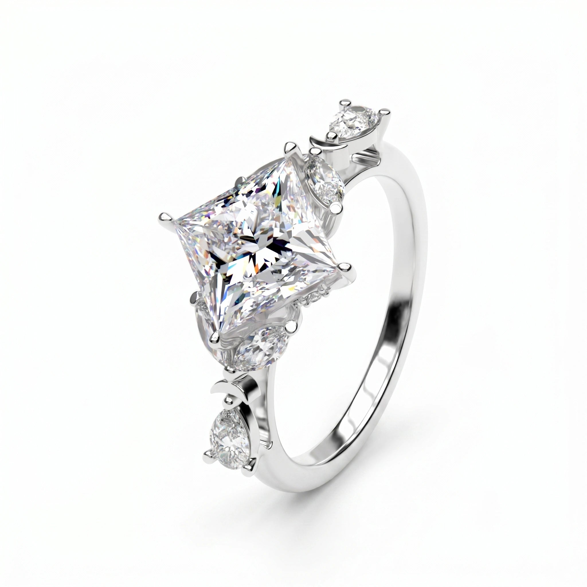 2.78 Ct Princess Cut Lab Diamond Ring with Marquise, Pear Side Stones