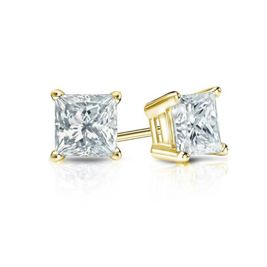  1 Carat Princess Cut 4 Prong Diamond Stud Earrings In Yellow Gold