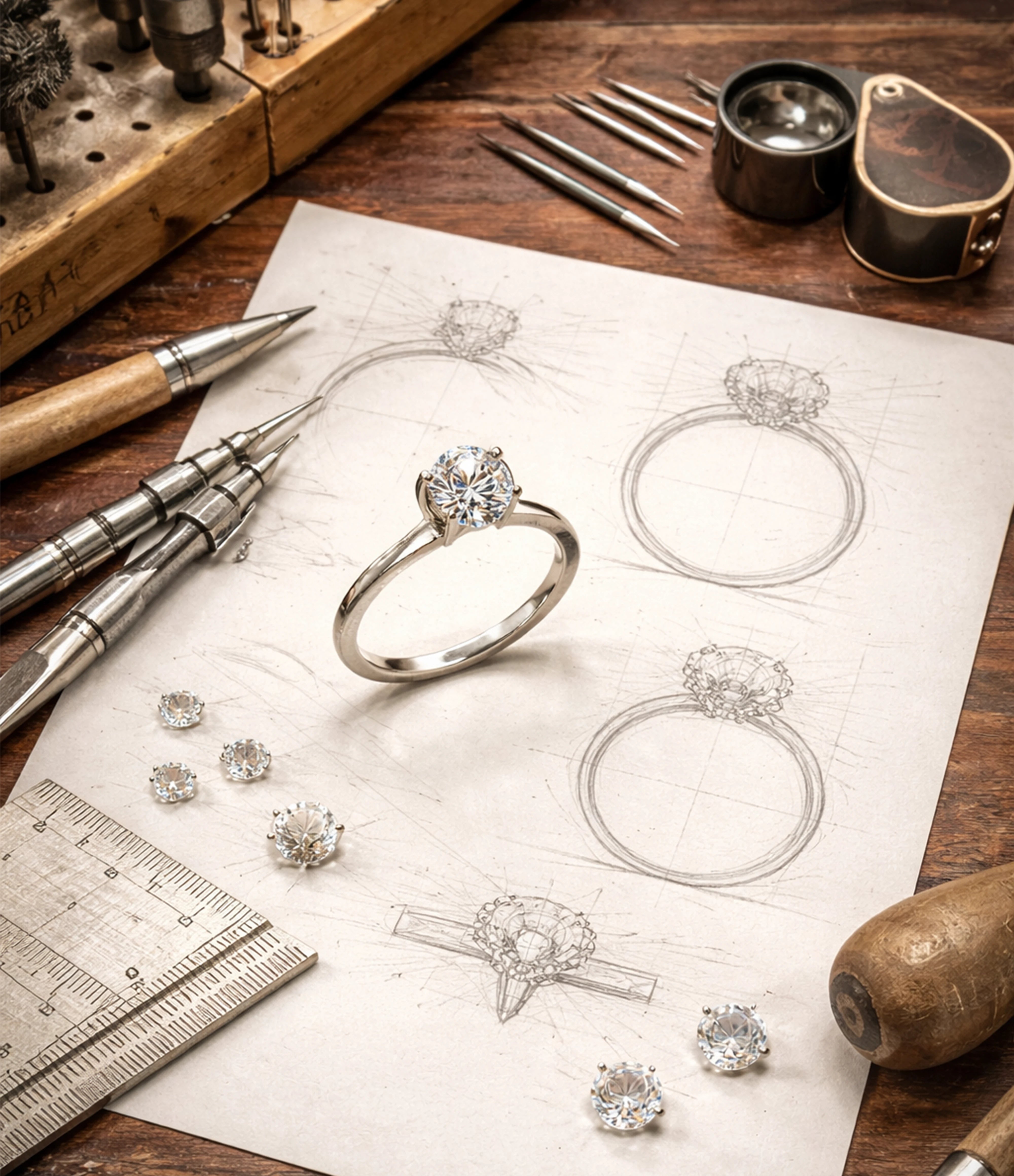 Bespoke solitaire diamond engagement ring crafting with design sketches, loose diamonds and jewelry making tools.