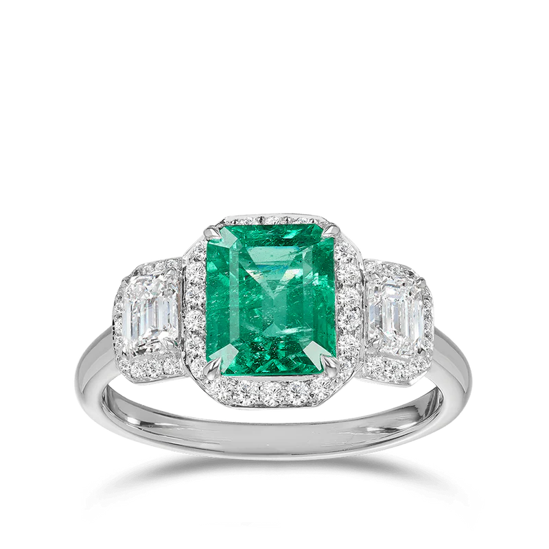 4 Carat Emerald Gemstone Halo Prong Setting Three Stone Ring in White Gold