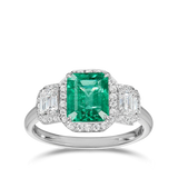 4 Carat Emerald Gemstone Halo Prong Setting Three Stone Ring in White Gold