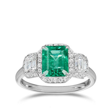 4 Carat Emerald Gemstone Halo Prong Setting Three Stone Ring in White Gold