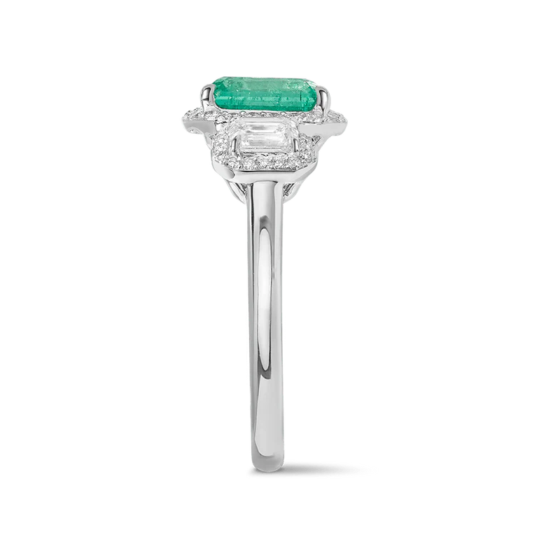 4 Carat Emerald Gemstone Halo Prong Setting Three Stone Ring in White Gold