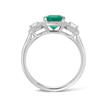 4 Carat Emerald Gemstone Halo Prong Setting Three Stone Ring in White Gold