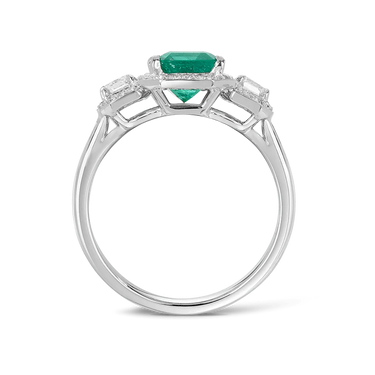 4 Carat Emerald Gemstone Halo Prong Setting Three Stone Ring in White Gold