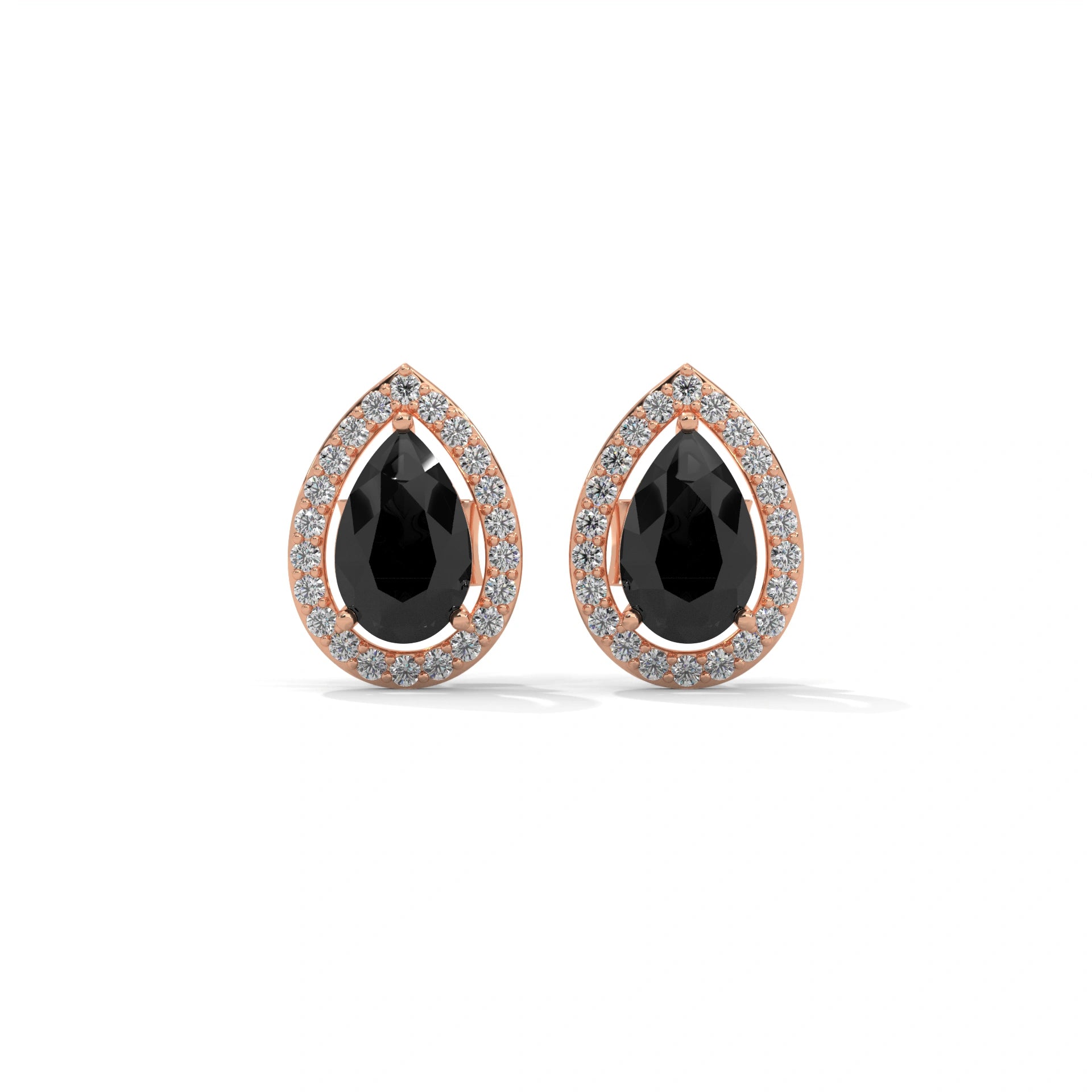 4 Carat Pear Black Diamond Halo Stud Earrings Screw Back 18K Rose Gold