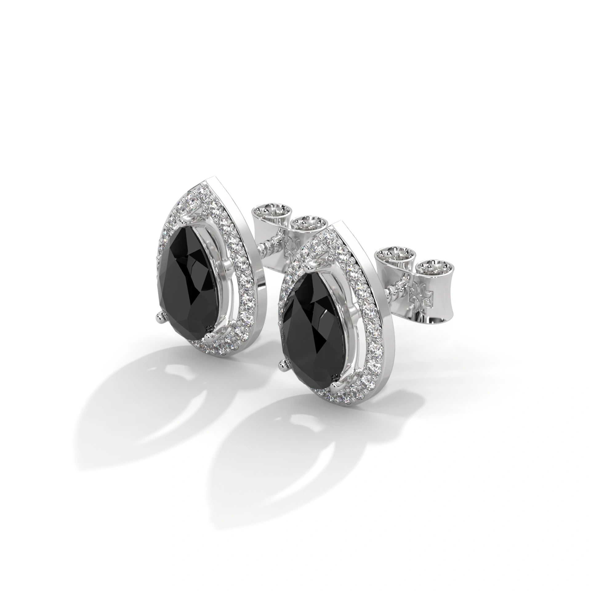 4 Carat Pear Black Diamond Halo Stud Earrings Screw Back