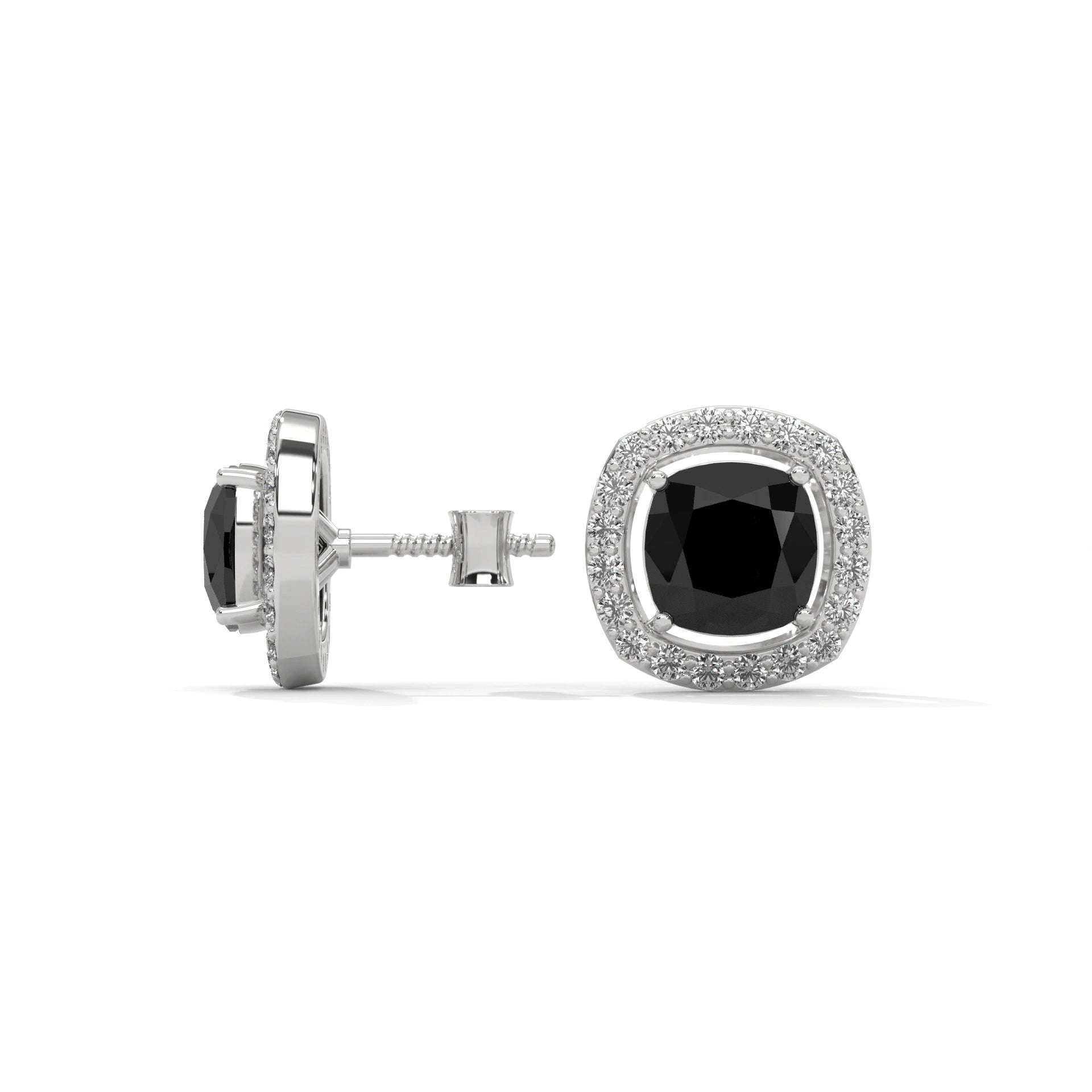 3.8 Ct Black Diamond Halo Earrings Screw Back White Gold