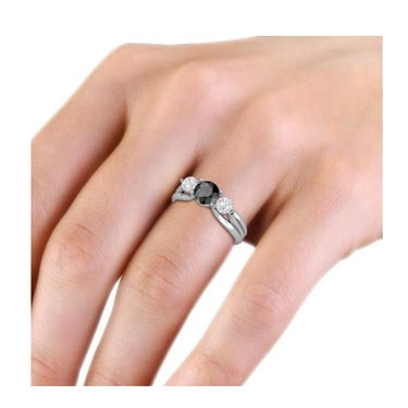 1.70 Carat Round Cut Three Stone Black Diamond Engagement Ring in White Gold