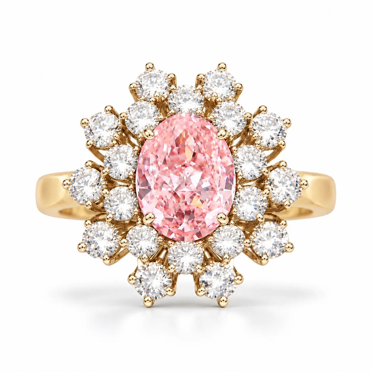 6.59 Carat Oval Pink Diamond Sunflower Halo Engagement Ring 18K Yellow Gold