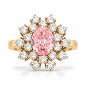 6.59 Carat Oval Pink Diamond Sunflower Halo Engagement Ring 18K Yellow Gold