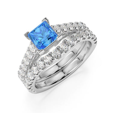1.07 Carat Princess And Round Cut Prong Setting Blue And White Diamond Topaz Bridal Set Ring