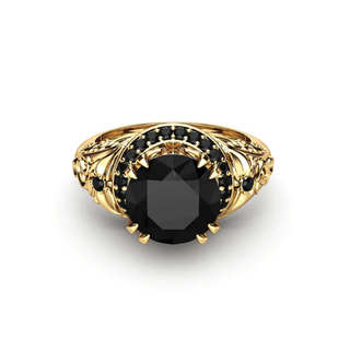 2 Carat Round Cut Hidden Halo Prong Setting Victorian Black Diamond Ring In Yellow Gold