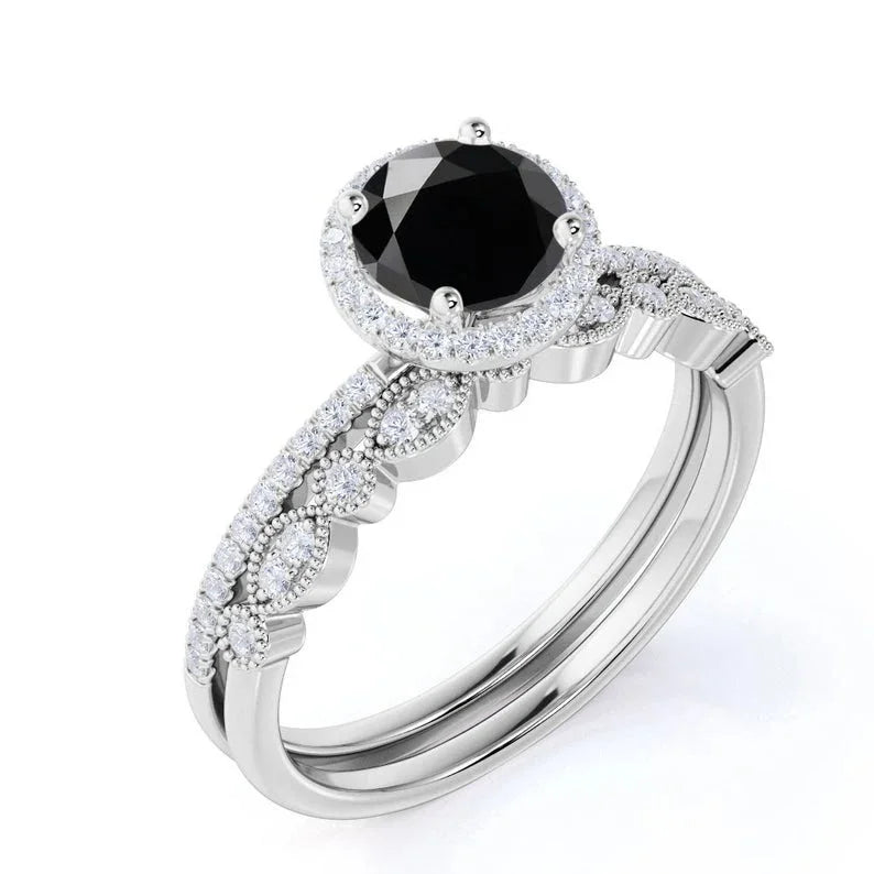 2.10 Carat Bridal Black Diamond Halo Diamond Ring 950 Platinum Black Diamond Ring
