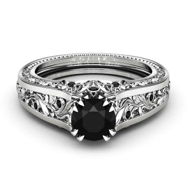 1 Carat Round Black Diamond Vintage Engagement Ring In White Gold