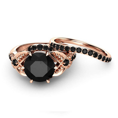 2 Carat Prong Setting Vintage Black Diamond Bridal Set Ring