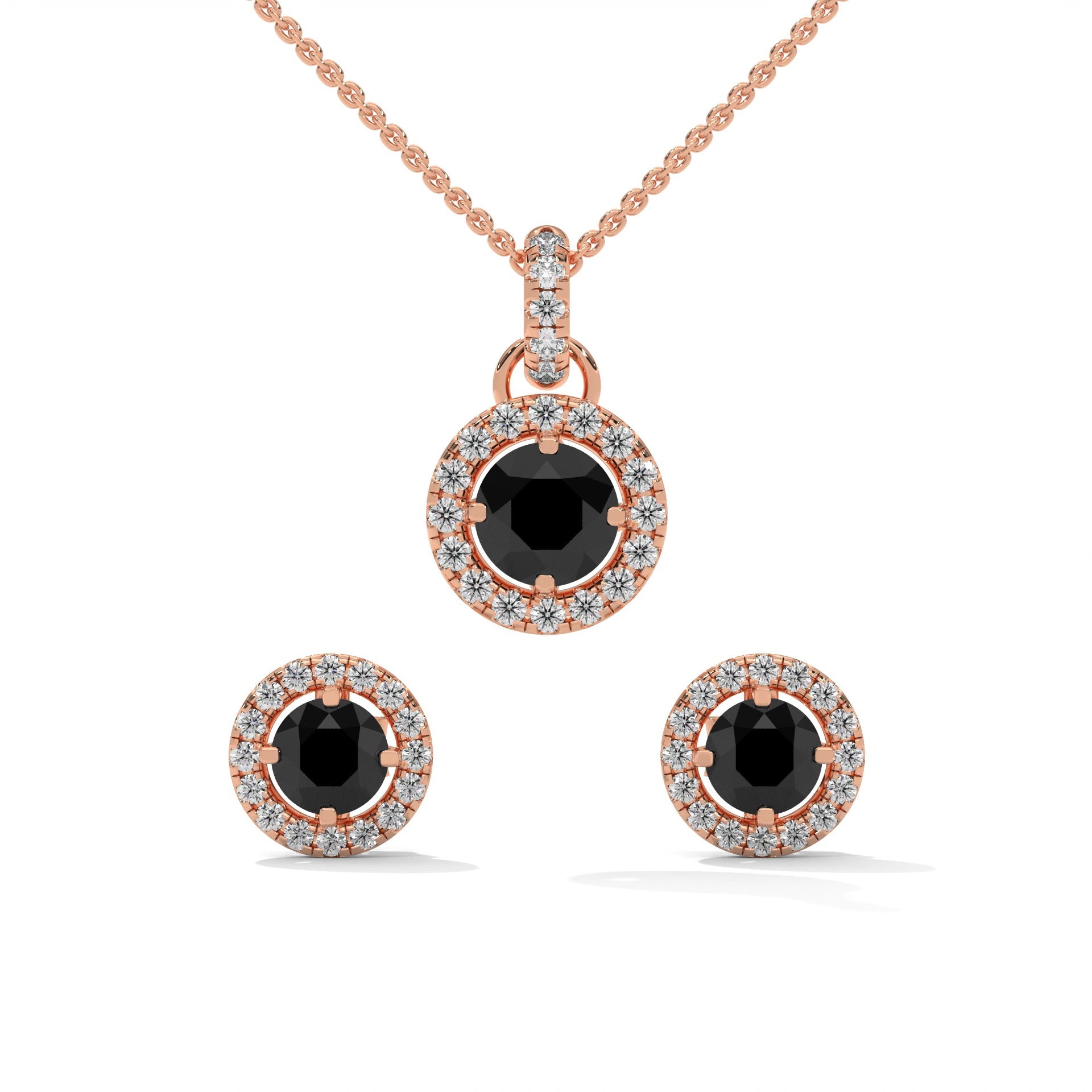 Round Cut Diamond Black Diamond Halo Pendant & Stud Earrings Set in White Gold 18K Rose Gold