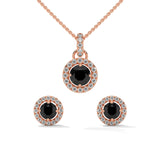 Round Cut Diamond Black Diamond Halo Pendant & Stud Earrings Set in White Gold